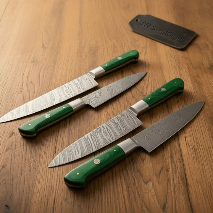 Damascus Knife Set Green Wood Handle Replica