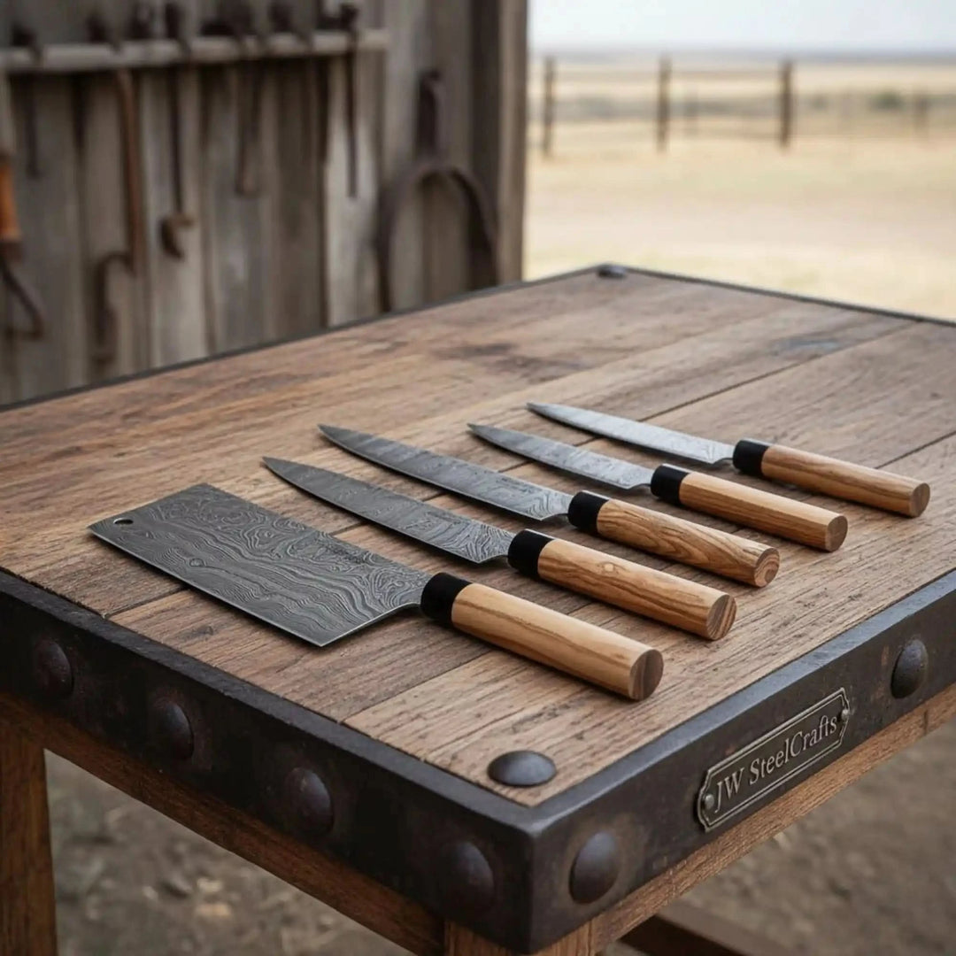 Damascus Knife Set Olive Wood Wa Handle Mancraft