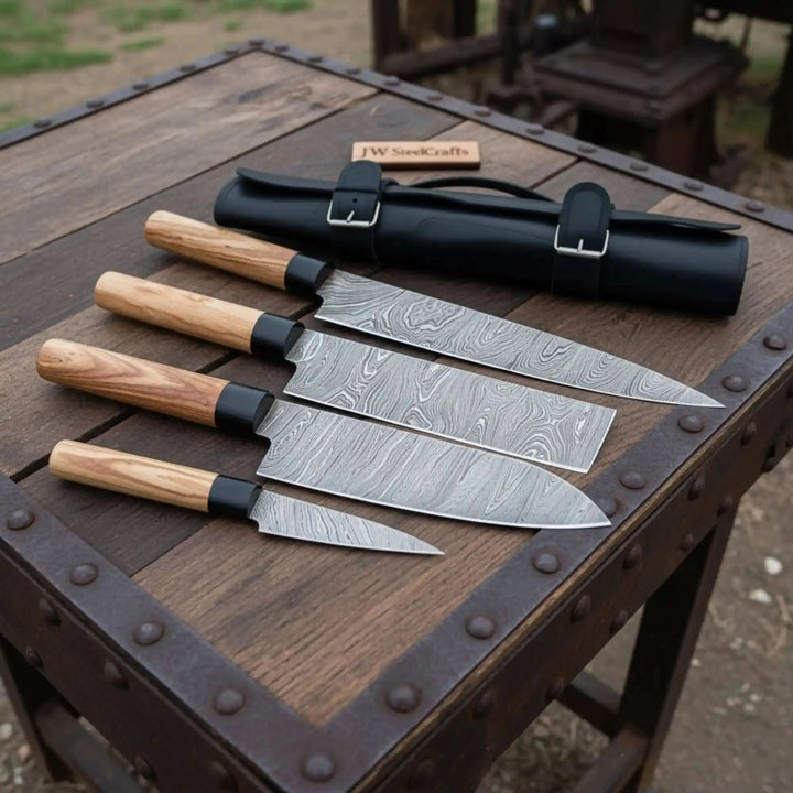 Damascus Knife Set Olive Wood Wa Handle