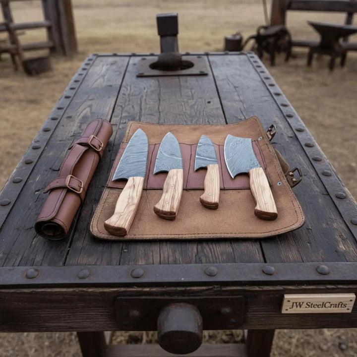 Damascus Knife Set Olive Wood with Cleaver Replica