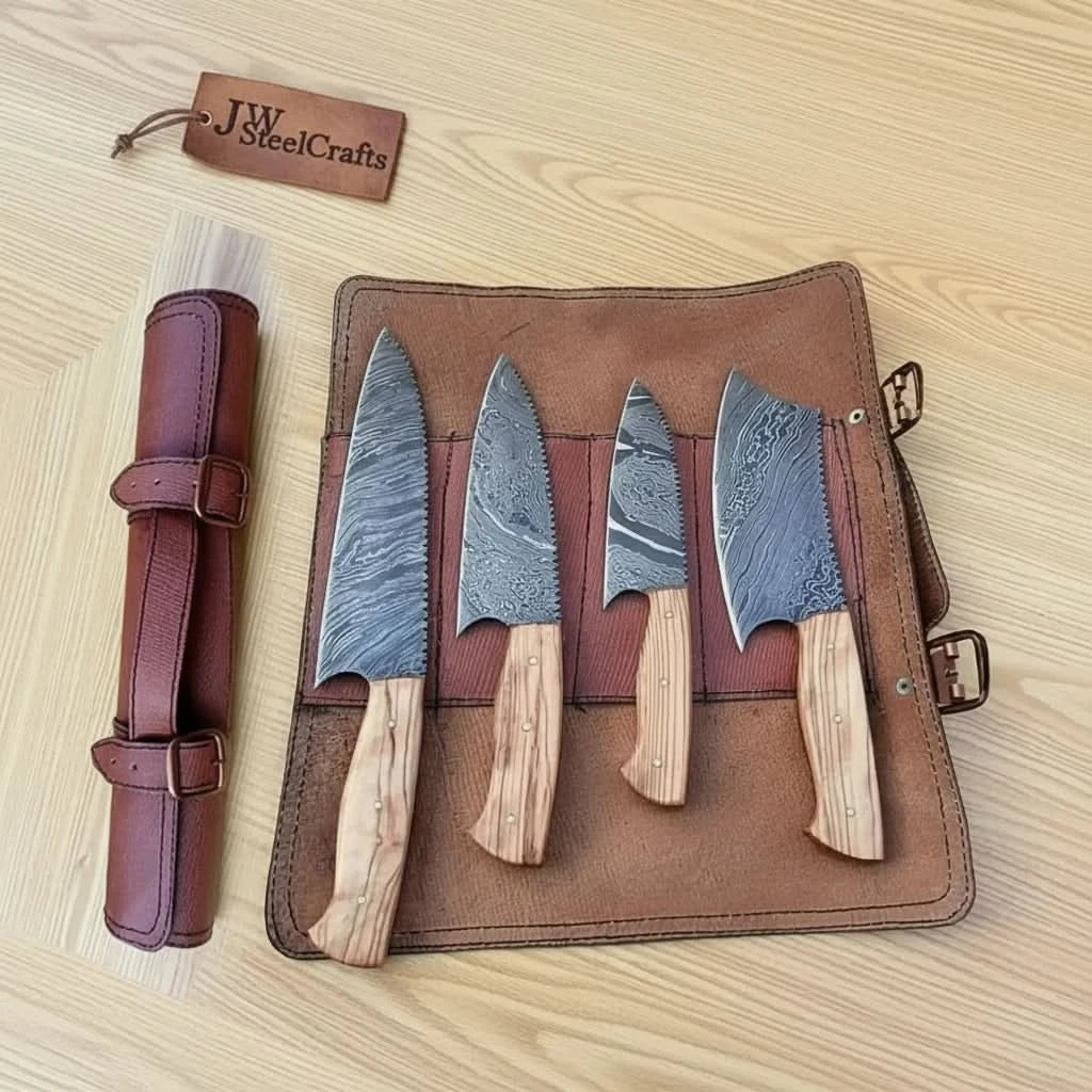 Damascus Knife Set Olive Wood with Cleaver