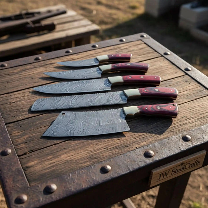 Damascus Knife Set Red Pakkawood Brass Bolster Replica