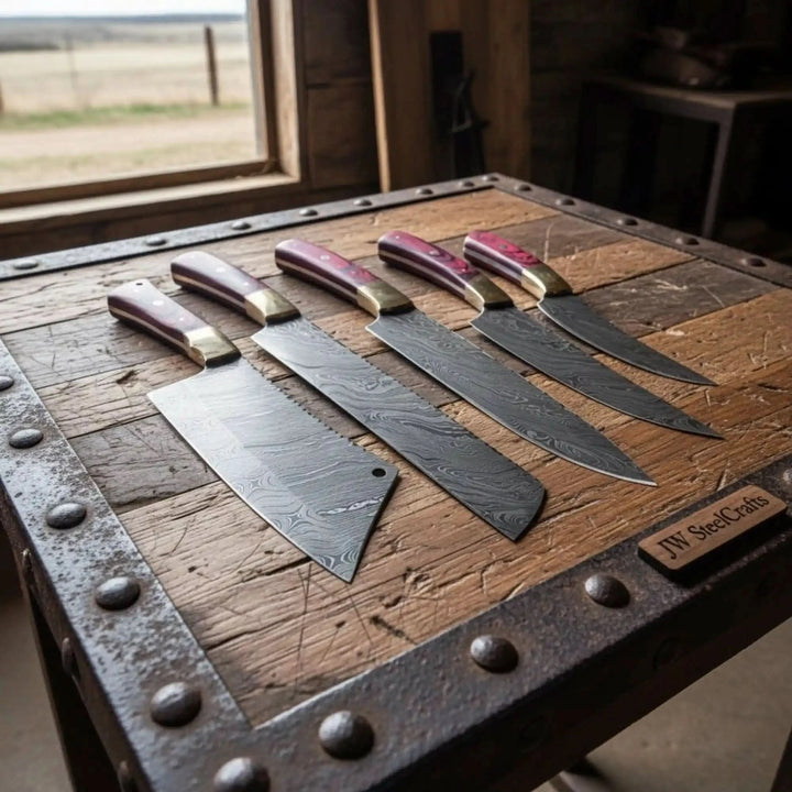Damascus Knife Set Red Pakkawood Brass Bolster