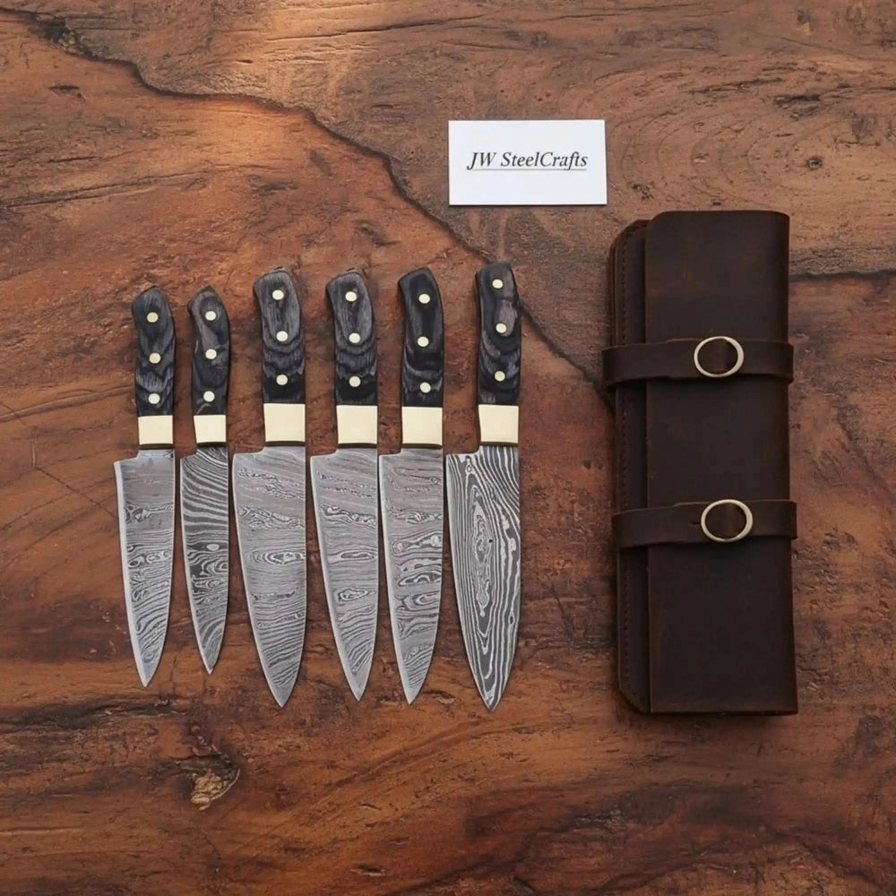 Textured grip Damascus knives with sharp steel blades and polished styling.