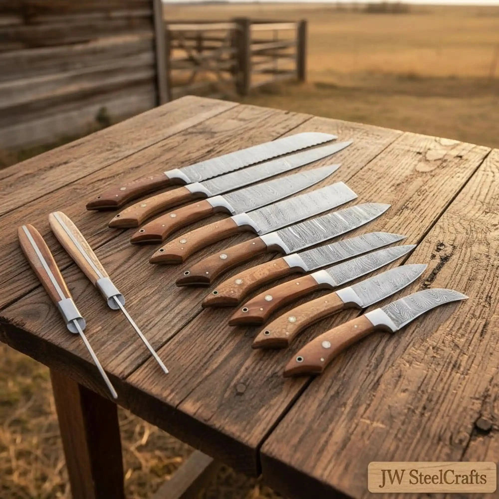 Damascus Knife Set Walnut Wood Handle Replica