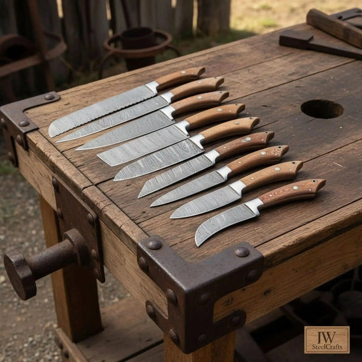 Damascus Knife Set Walnut Wood Handle