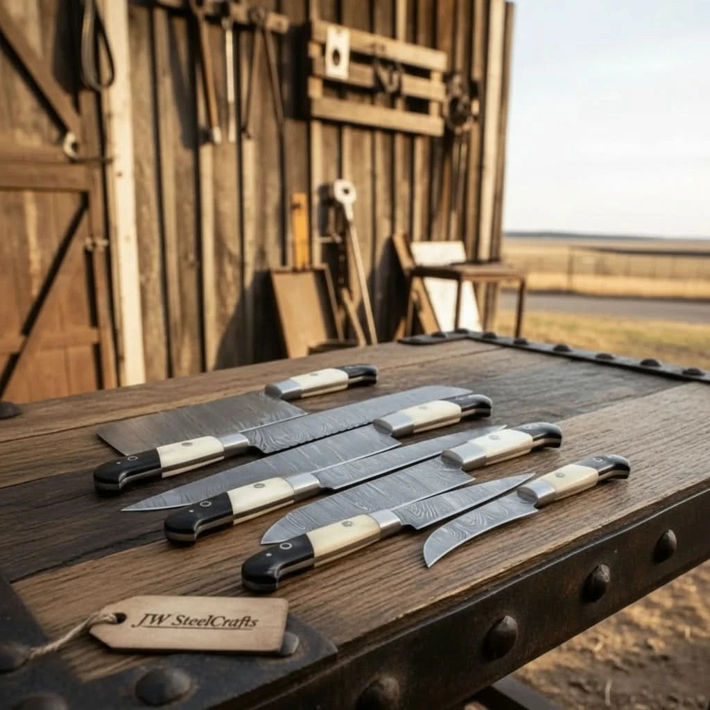 Damascus Knife Set White Bone and Black Resin Replica