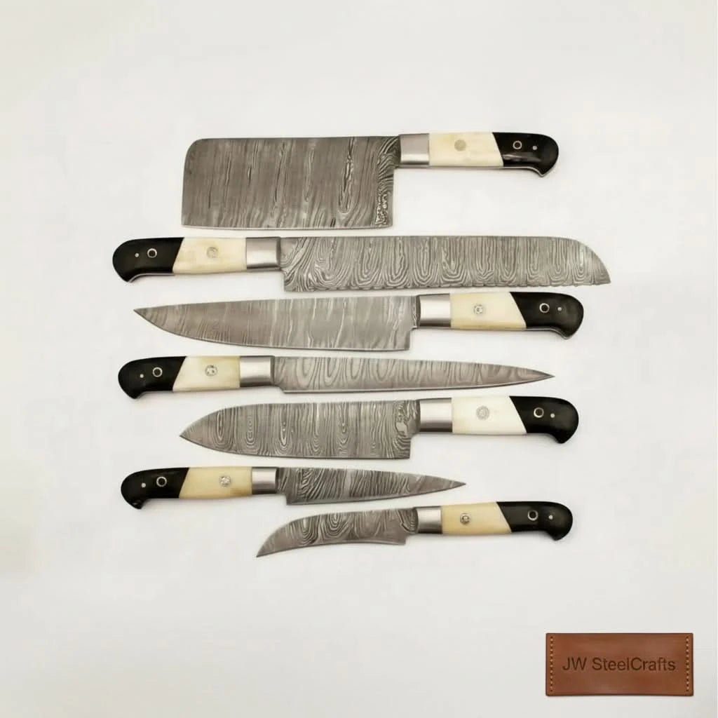 Damascus Knife Set White Bone and Black Resin