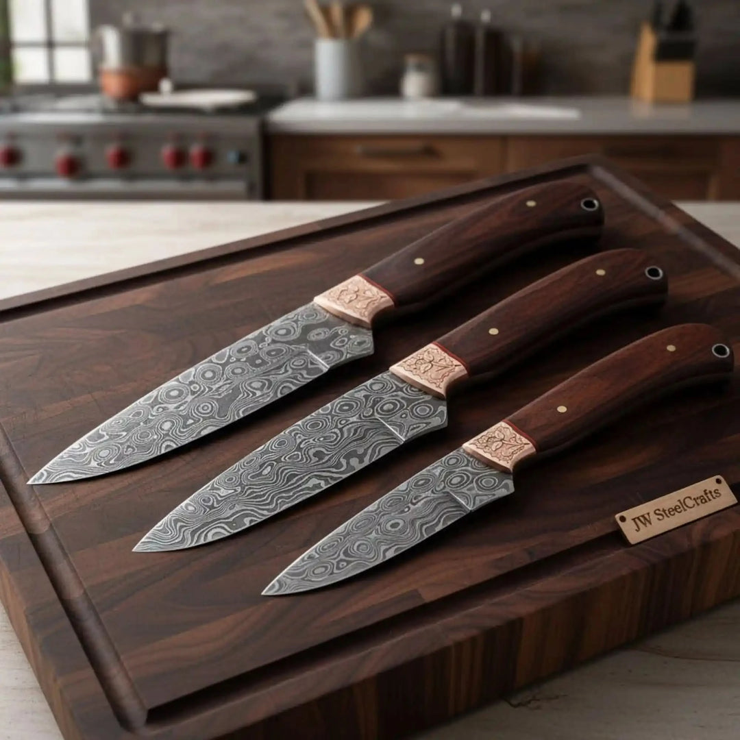 Damascus Knife Set with Engraved Bolsters