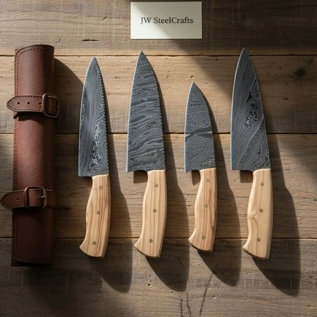 Damascus Olive Wood Kitchen Knife Set