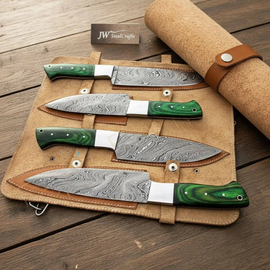 Damascus Santoku Knife Set Green Handle