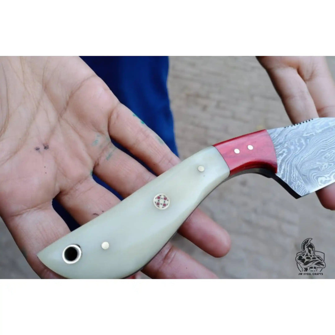 Damascus Skinner Knife Bone Red Pakka 6” Overall handmade Skinner Knife by JW SteelCrafts