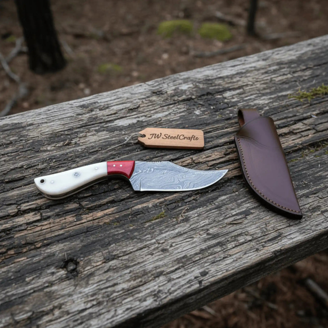 Damascus Skinner Knife Bone Red Pakka 6” Overall handmade Skinner Knife by JW SteelCrafts
