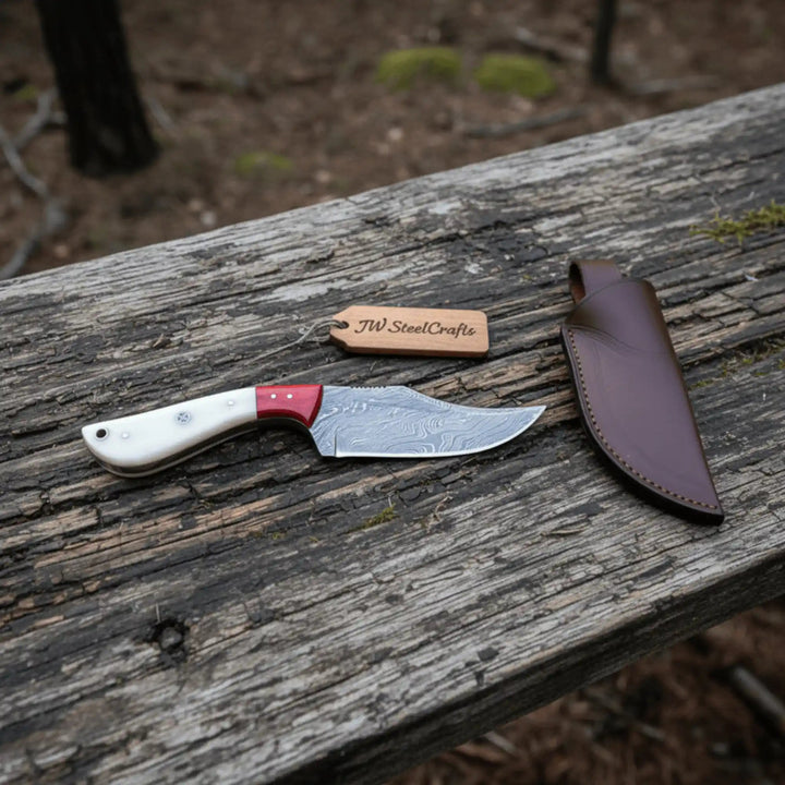 Damascus Skinner Knife Bone Red Pakka 6” Overall handmade Skinner Knife by JW SteelCrafts