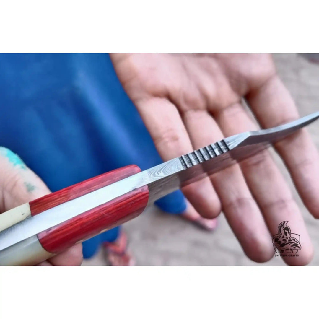 Damascus Skinner Knife Bone Red Pakka 6” Overall handmade Skinner Knife by JW SteelCrafts