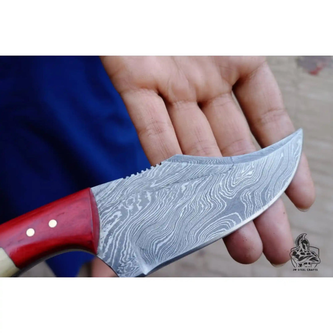Damascus Skinner Knife Bone Red Pakka 6” Overall handmade Skinner Knife by JW SteelCrafts
