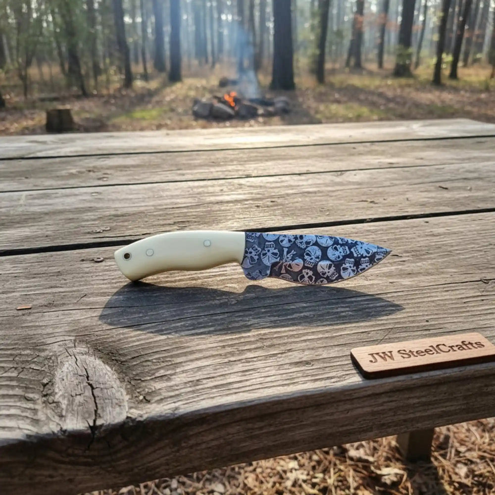 Damascus Skinner Knife White Resin Handle 7” handmade Skinner Knife by JW SteelCrafts