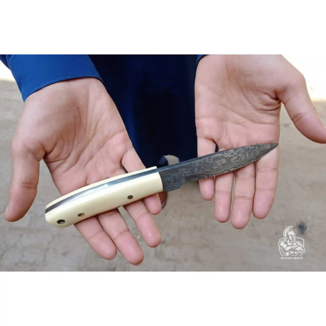 Damascus Skinner Knife White Resin Handle 7” handmade Skinner Knife by JW SteelCrafts