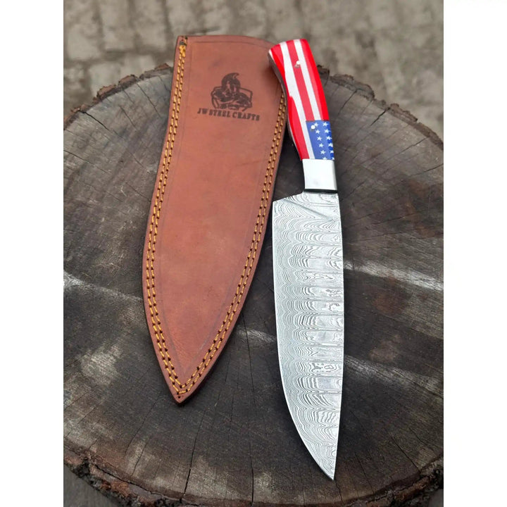 Damascus Steel Chef Knife with USA Flag Handle | Handmade Kitchen Knife handmade Damascus Steel Chef Knives by JW SteelCrafts