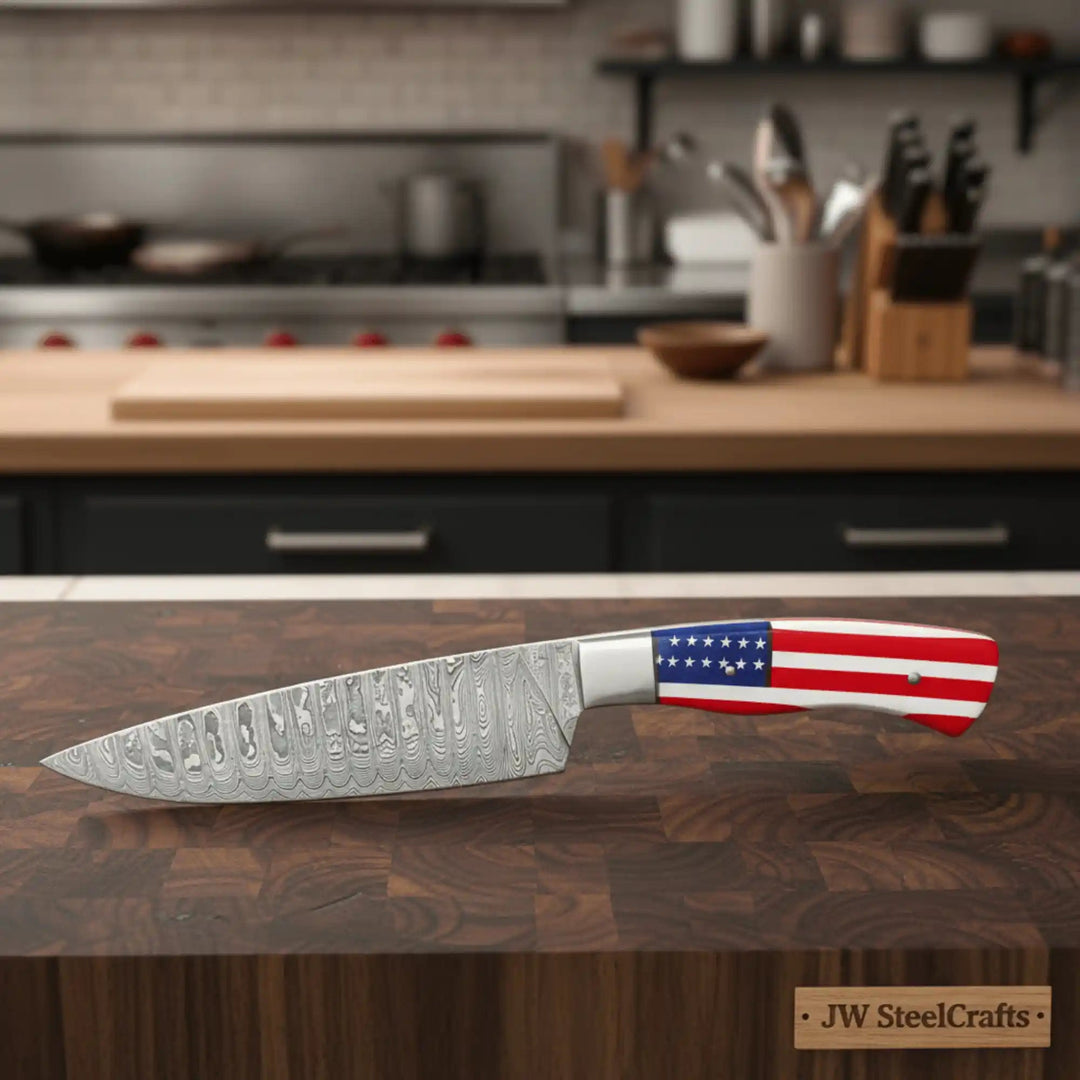 Damascus Steel Chef Knife with USA Flag Handle | Handmade Kitchen Knife handmade Damascus Steel Chef Knives by JW SteelCrafts