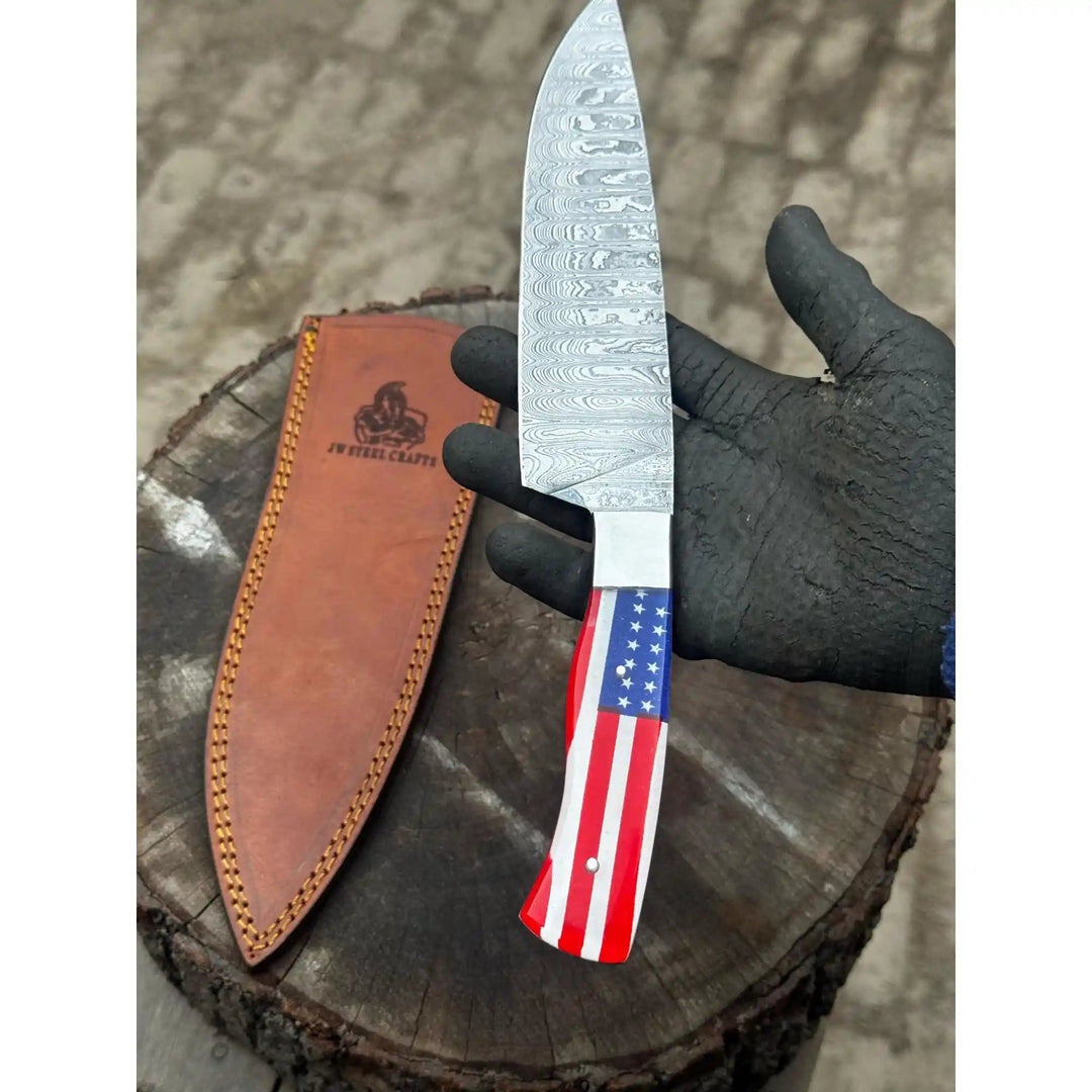 Damascus Steel Chef Knife with USA Flag Handle | Handmade Kitchen Knife handmade Damascus Steel Chef Knives by JW SteelCrafts
