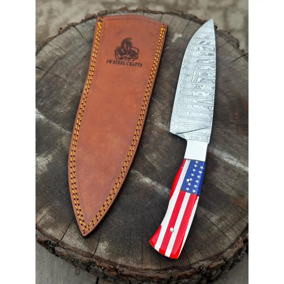 Damascus Steel Chef Knife with USA Flag Handle | Handmade Kitchen Knife handmade Damascus Steel Chef Knives by JW SteelCrafts
