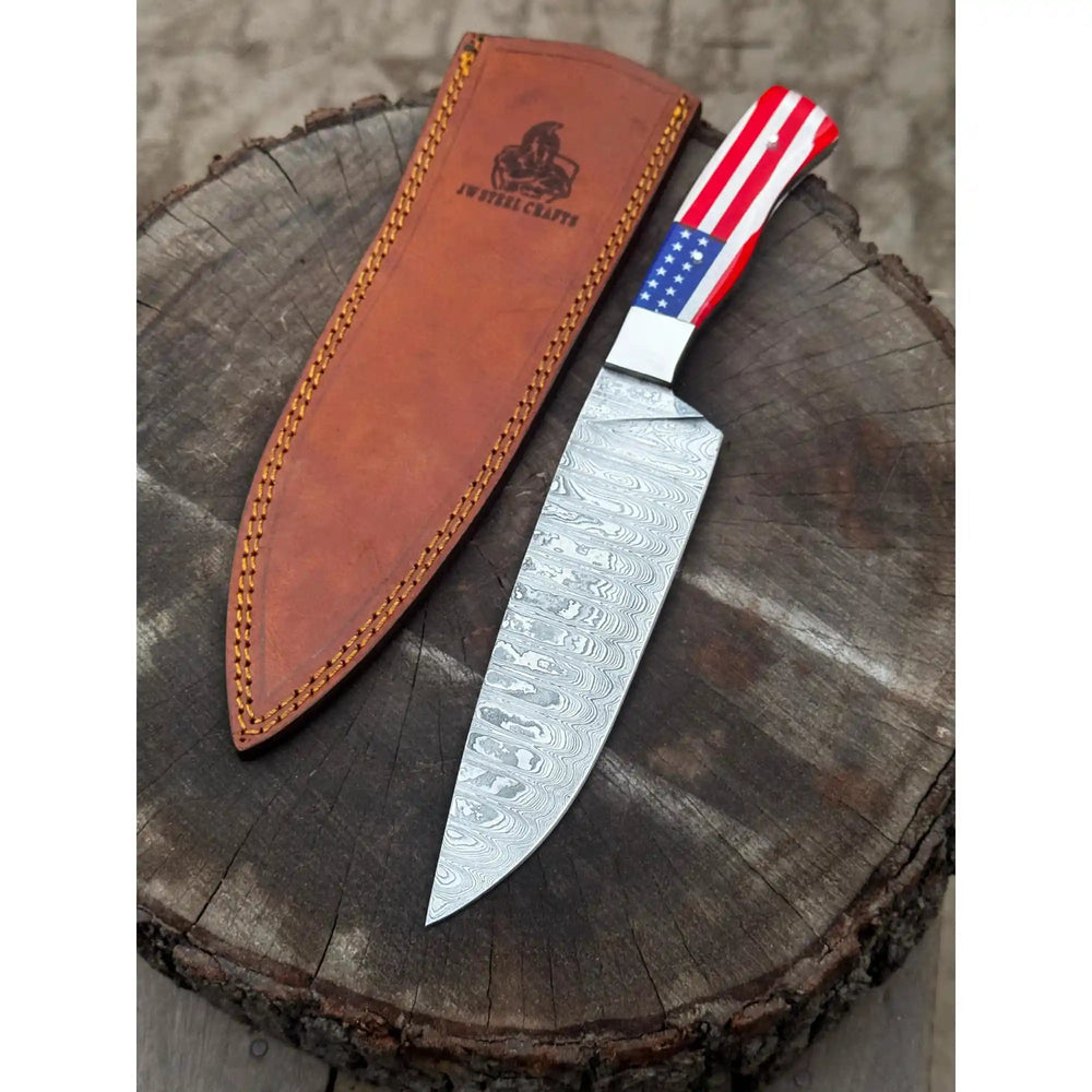 Damascus Steel Chef Knife with USA Flag Handle | Handmade Kitchen Knife handmade Damascus Steel Chef Knives by JW SteelCrafts