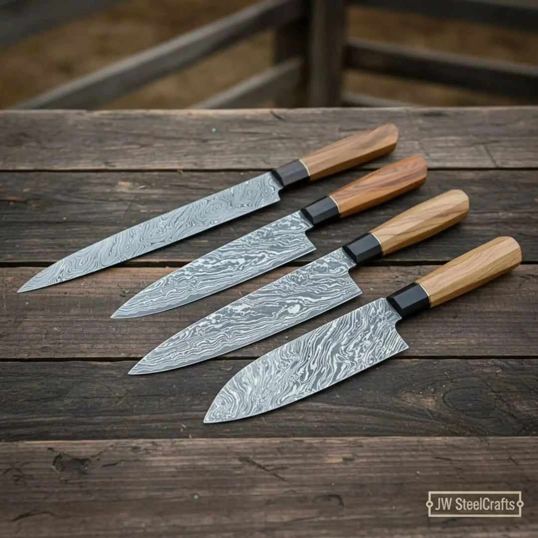 Japanese style Damascus chef knives with clean blade lines and layered steel craftsmanship.