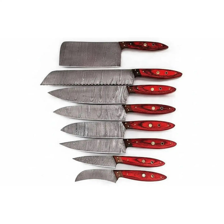 Professional Damascus chef knife set with razor-sharp patterned blades and glossy red resin handles.Arranged vertically on a white background to highlight the different blade shapes and finishes.
