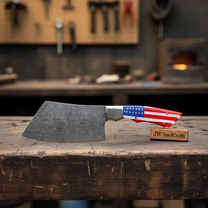 Damascus Steel Cleaver Knife with USA Flag Resin Handle | Handmade Kitchen Utility Knife handmade Cleaver Knives by JW SteelCrafts
