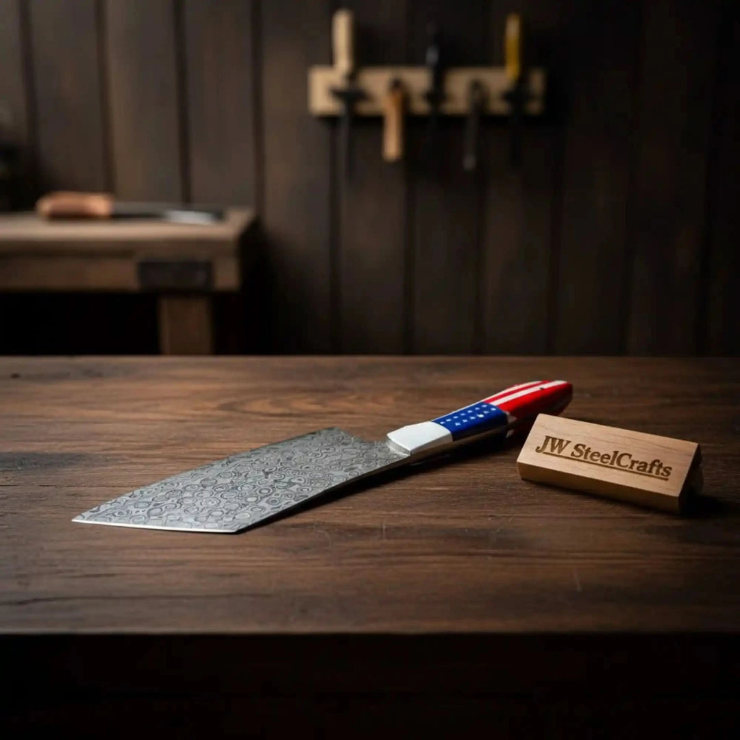 Damascus Steel Cleaver Knife with USA Flag Resin Handle | Handmade Kitchen Utility Knife handmade Cleaver Knives by JW SteelCrafts