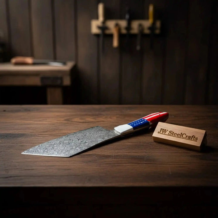 Damascus Steel Cleaver Knife with USA Flag Resin Handle | Handmade Kitchen Utility Knife handmade Cleaver Knives by JW SteelCrafts