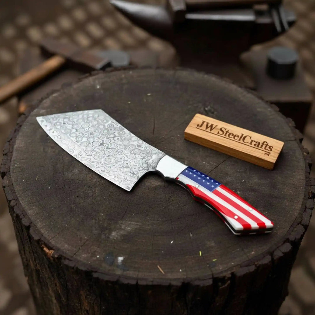 Damascus Steel Cleaver Knife with USA Flag Resin Handle | Handmade Kitchen Utility Knife handmade Cleaver Knives by JW SteelCrafts