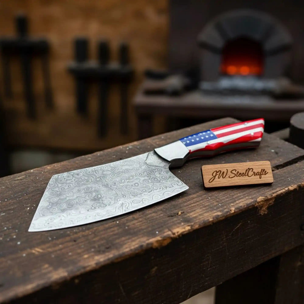 Damascus Steel Cleaver Knife with USA Flag Resin Handle | Handmade Kitchen Utility Knife handmade Cleaver Knives by JW SteelCrafts