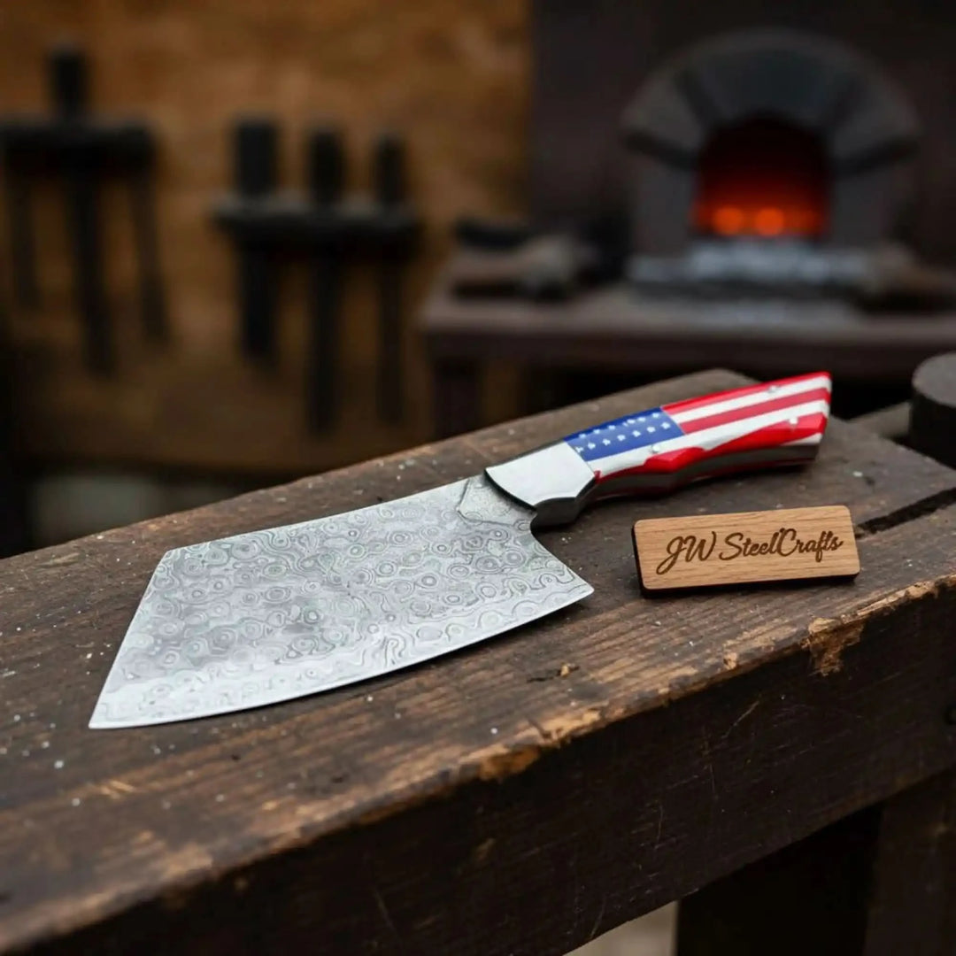 Damascus Steel Cleaver Knife with USA Flag Resin Handle | Handmade Kitchen Utility Knife handmade Cleaver Knives by JW SteelCrafts