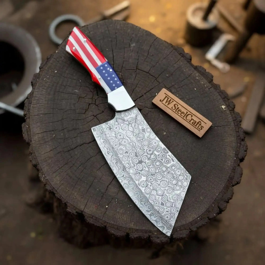 Damascus Steel Cleaver Knife with USA Flag Resin Handle | Handmade Kitchen Utility Knife handmade Cleaver Knives by JW SteelCrafts