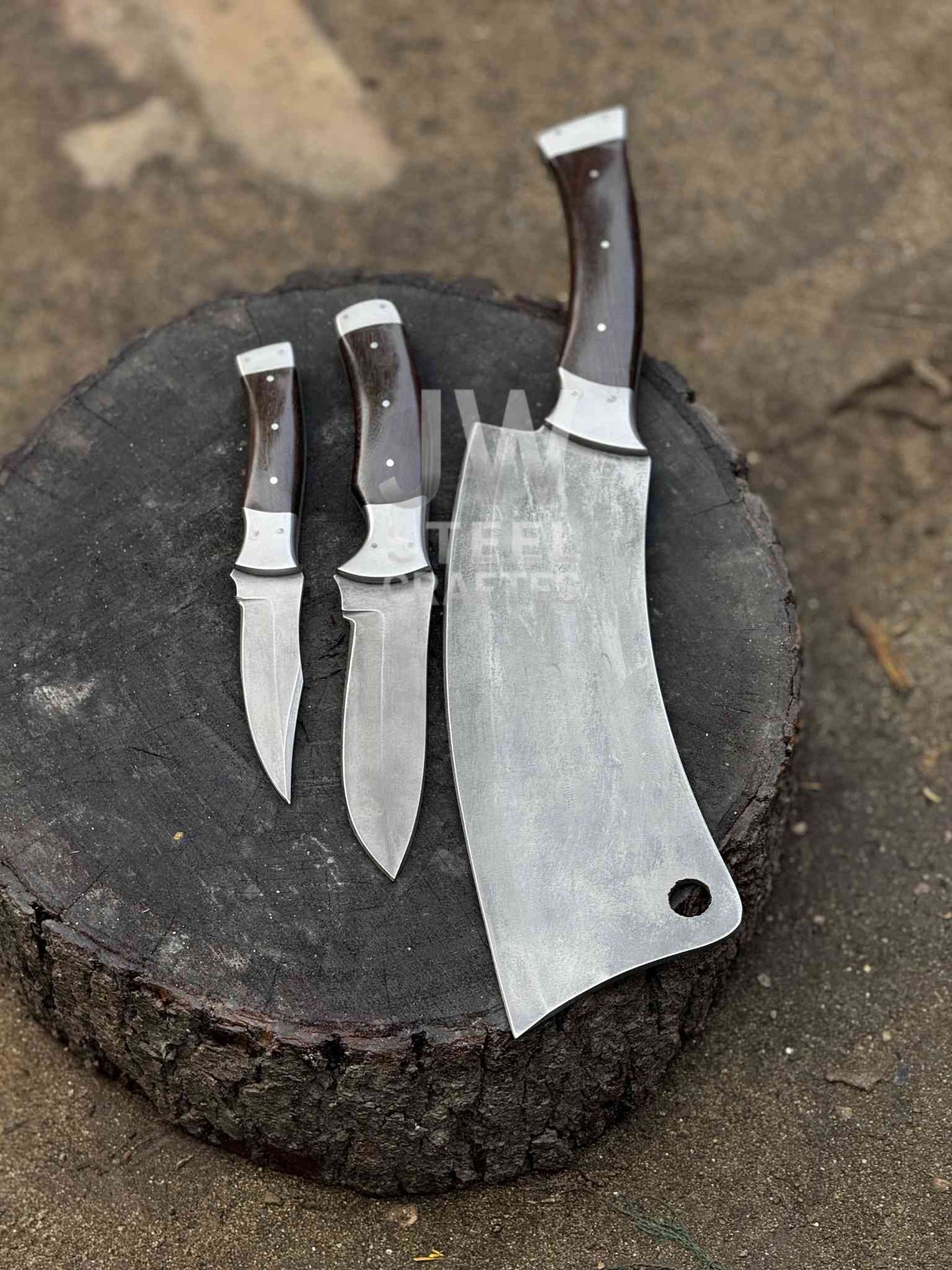 Handmade 3-Piece Knife Set – Cleaver & Hunting Knives with Wooden Handle