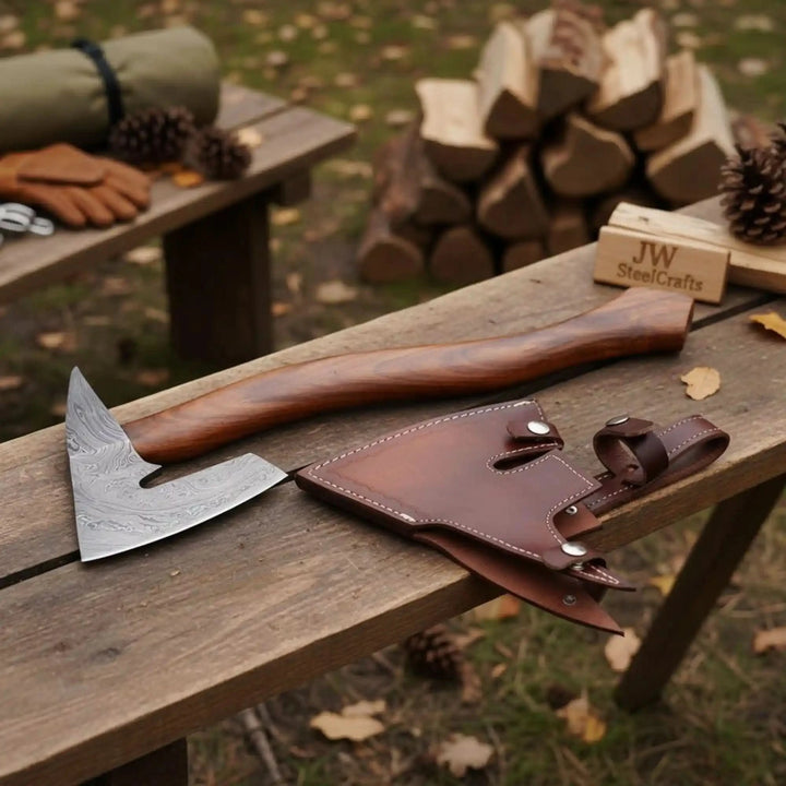     Artisan-crafted woodworking hatchet with Damascus steel head and ergonomic wooden handle placed on a rustic wooden workbench.