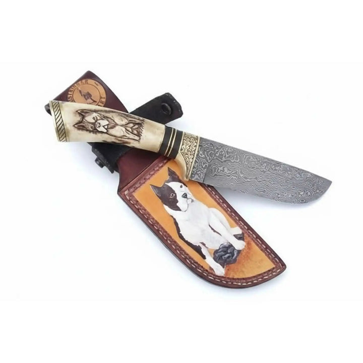 Damascus Steel Dog Engraved Bone Handle Hunting Skinner Knife – 10 Inch Overall l handmade Skinner Knife by JW SteelCrafts