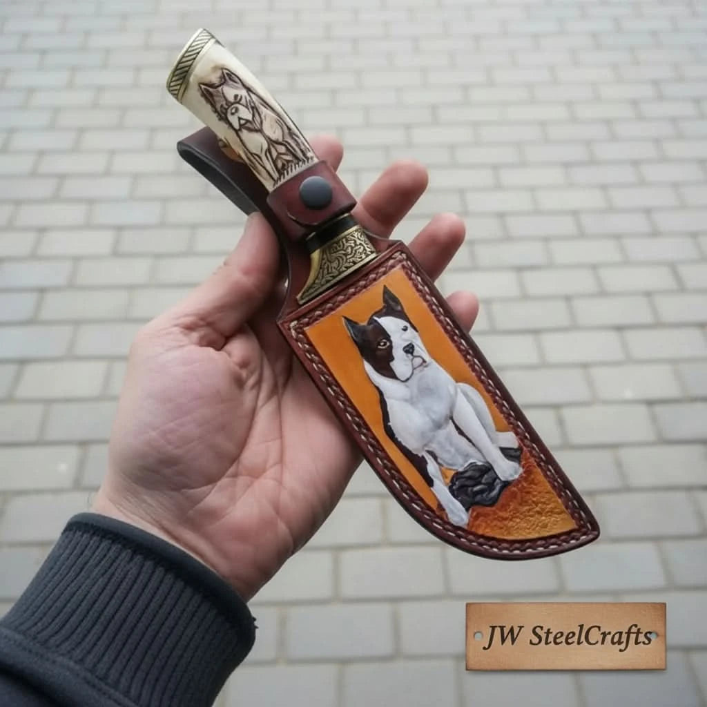 Damascus Steel Dog Engraved Bone Handle Hunting Skinner Knife – 10 Inch Overall l handmade Skinner Knife by JW SteelCrafts