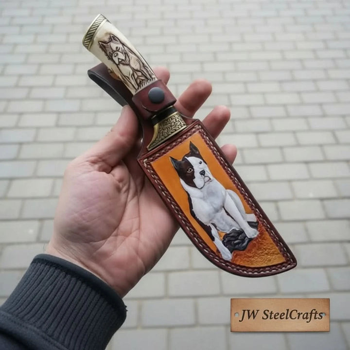 Damascus Steel Dog Engraved Bone Handle Hunting Skinner Knife – 10 Inch Overall l handmade Skinner Knife by JW SteelCrafts