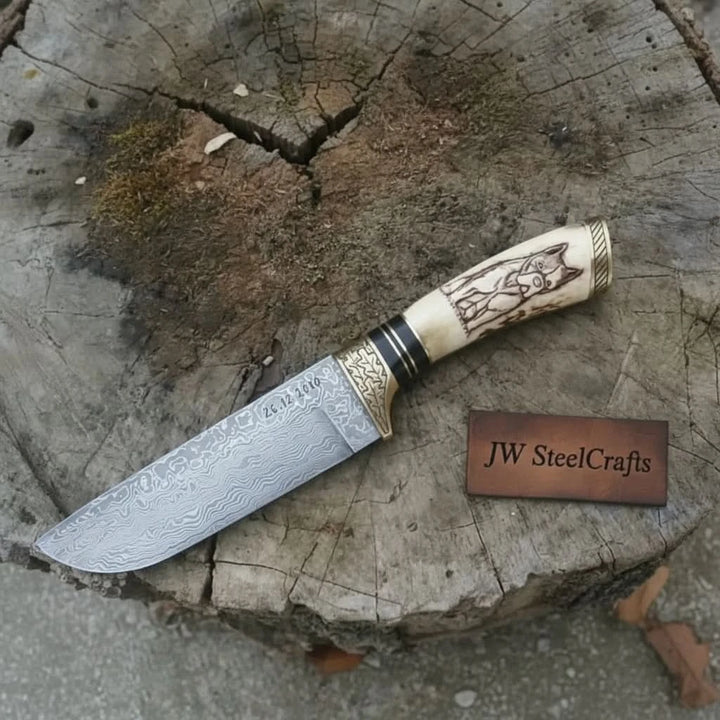 Damascus Steel Dog Engraved Bone Handle Hunting Skinner Knife – 10 Inch Overall l handmade Skinner Knife by JW SteelCrafts