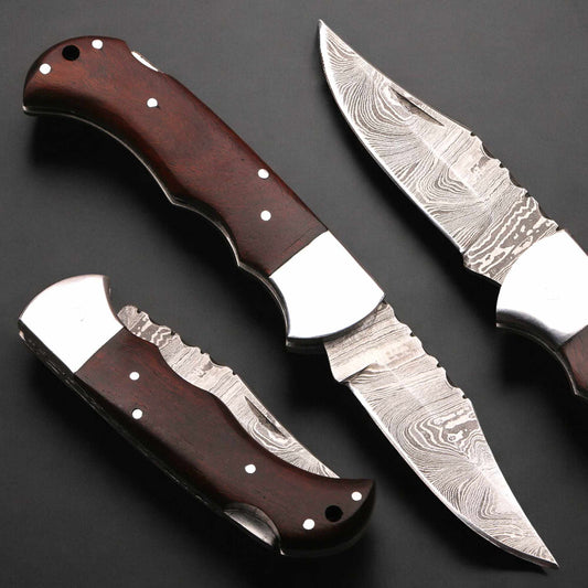 Handmade Damascus Pocket Knife with Rose Wood Handle, Personalized Gift for Men, Birthday, Groomsmen, Anniversary Gift, Folding Knife