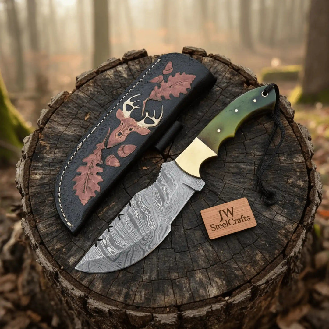 Damascus Steel Hunting Knife – Multiple Handle Colors | JW SteelCrafts handmade Handmade Tracker Knives by JW SteelCrafts