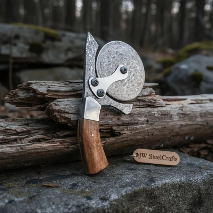 Damascus Steel Pizza Cutter Wheel with Wooden Handle – Handmade Kitchen Tool handmade Pizza Cutter by JW SteelCrafts