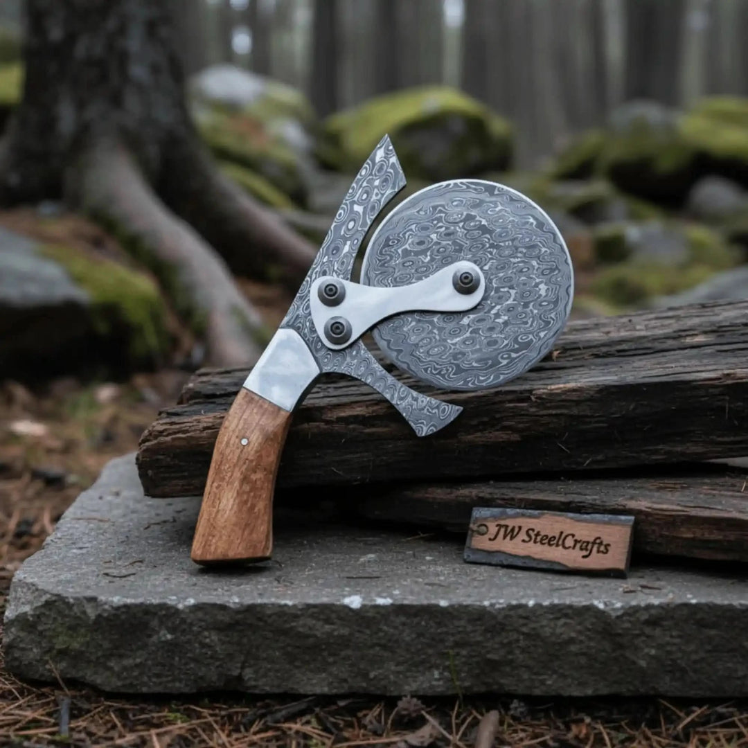 Damascus Steel Pizza Cutter Wheel with Wooden Handle – Handmade Kitchen Tool handmade Pizza Cutter by JW SteelCrafts