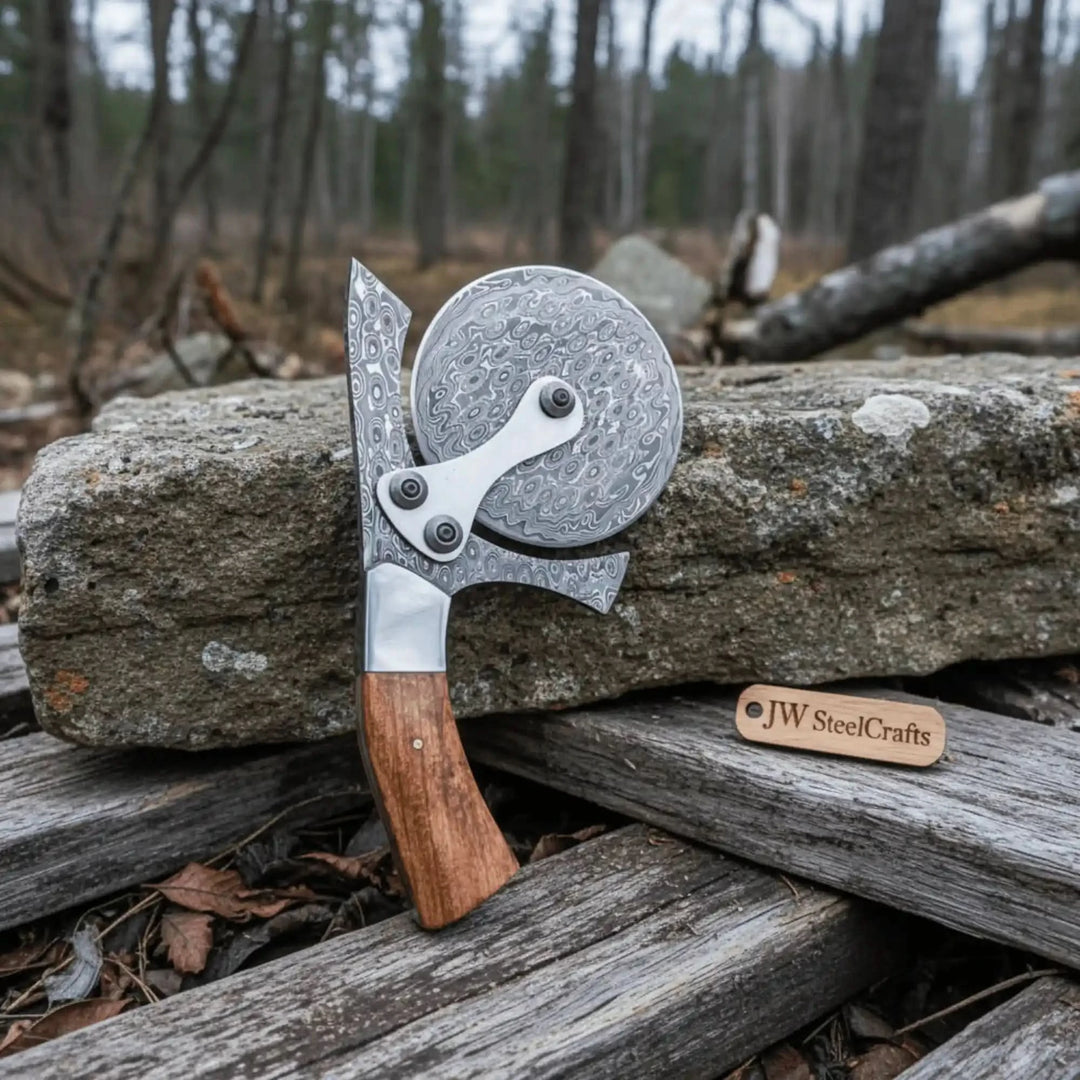 Damascus Steel Pizza Cutter Wheel with Wooden Handle – Handmade Kitchen Tool handmade Pizza Cutter by JW SteelCrafts