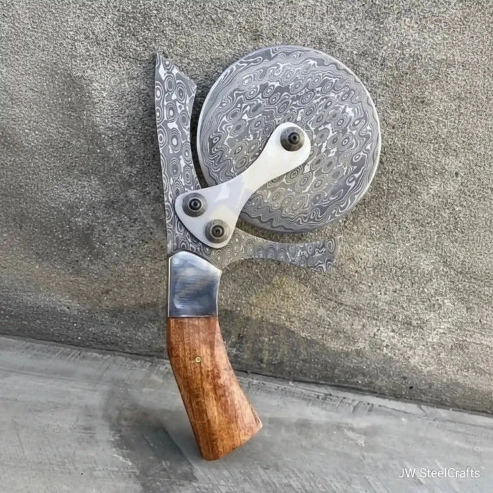 Damascus Steel Pizza Cutter Wheel with Wooden Handle – Handmade Kitchen Tool handmade Pizza Cutter by JW SteelCrafts
