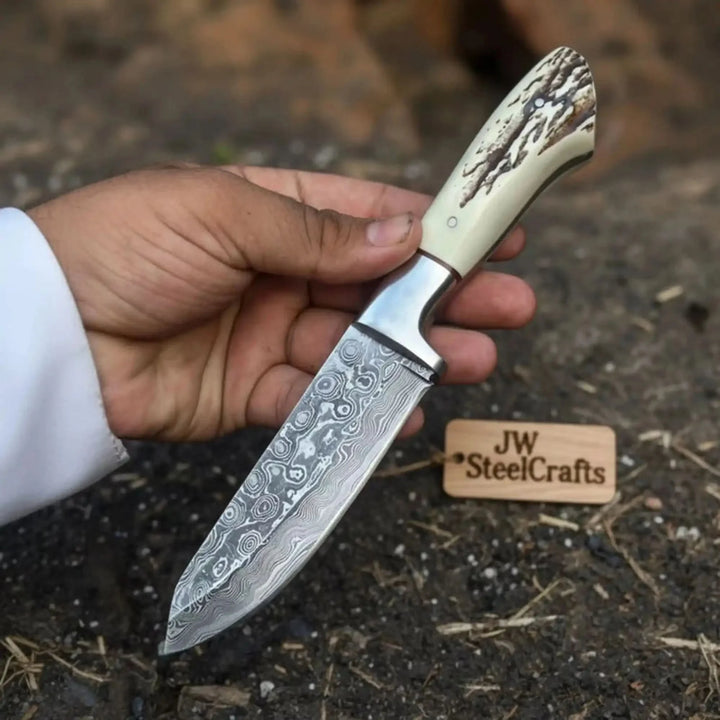 Damascus Steel Raindrop Pattern Drop Point Hunting Knife Replica