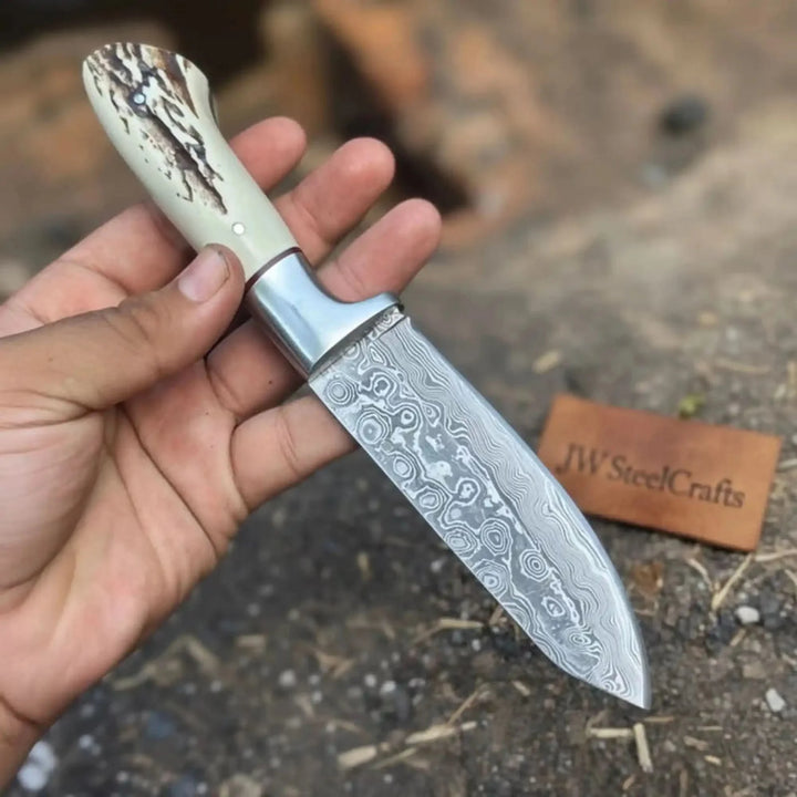 Damascus Steel Raindrop Pattern Drop Point Hunting Knife